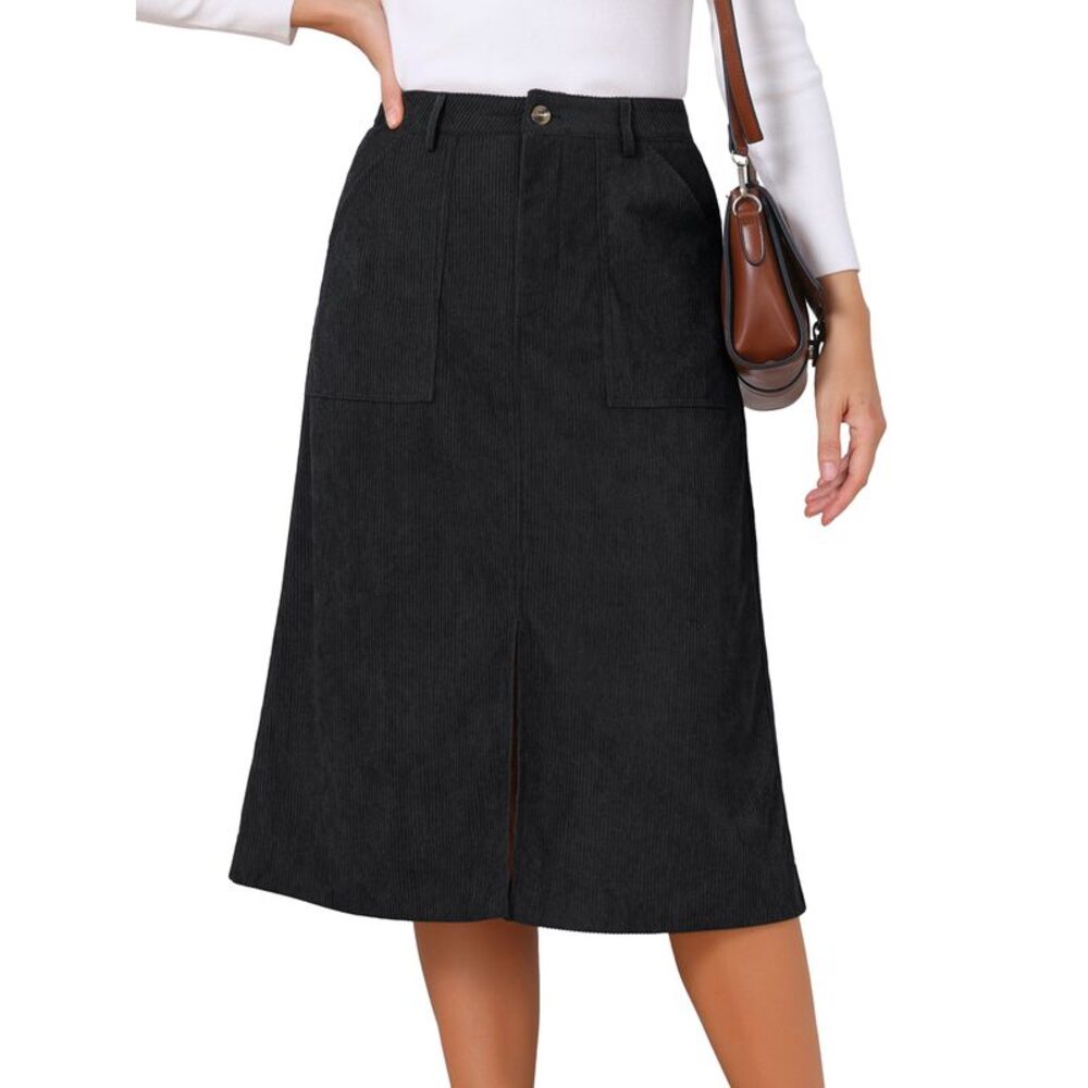 Women's Corduroy Midi Skirt A-Line Split Front Casual Fall Skirts Black
